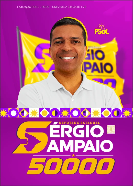 Santinho digital: Sérgio Sampaio, Deputado Estadual, número 50000, PSOL — Partido Socialismo e Liberdade.